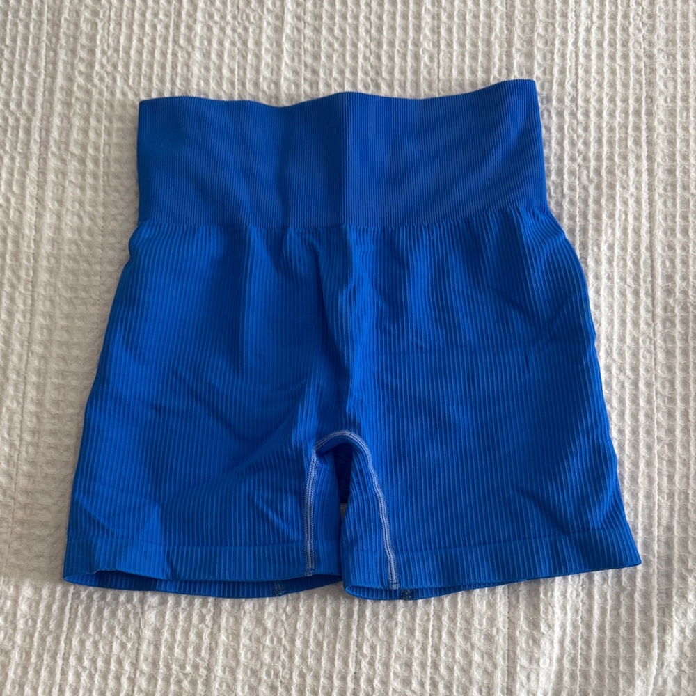 Blue Ribbed High-Waisted Shorts